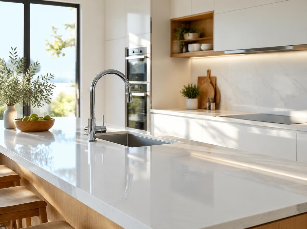 Spotless kitchen surfaces filled with natural light