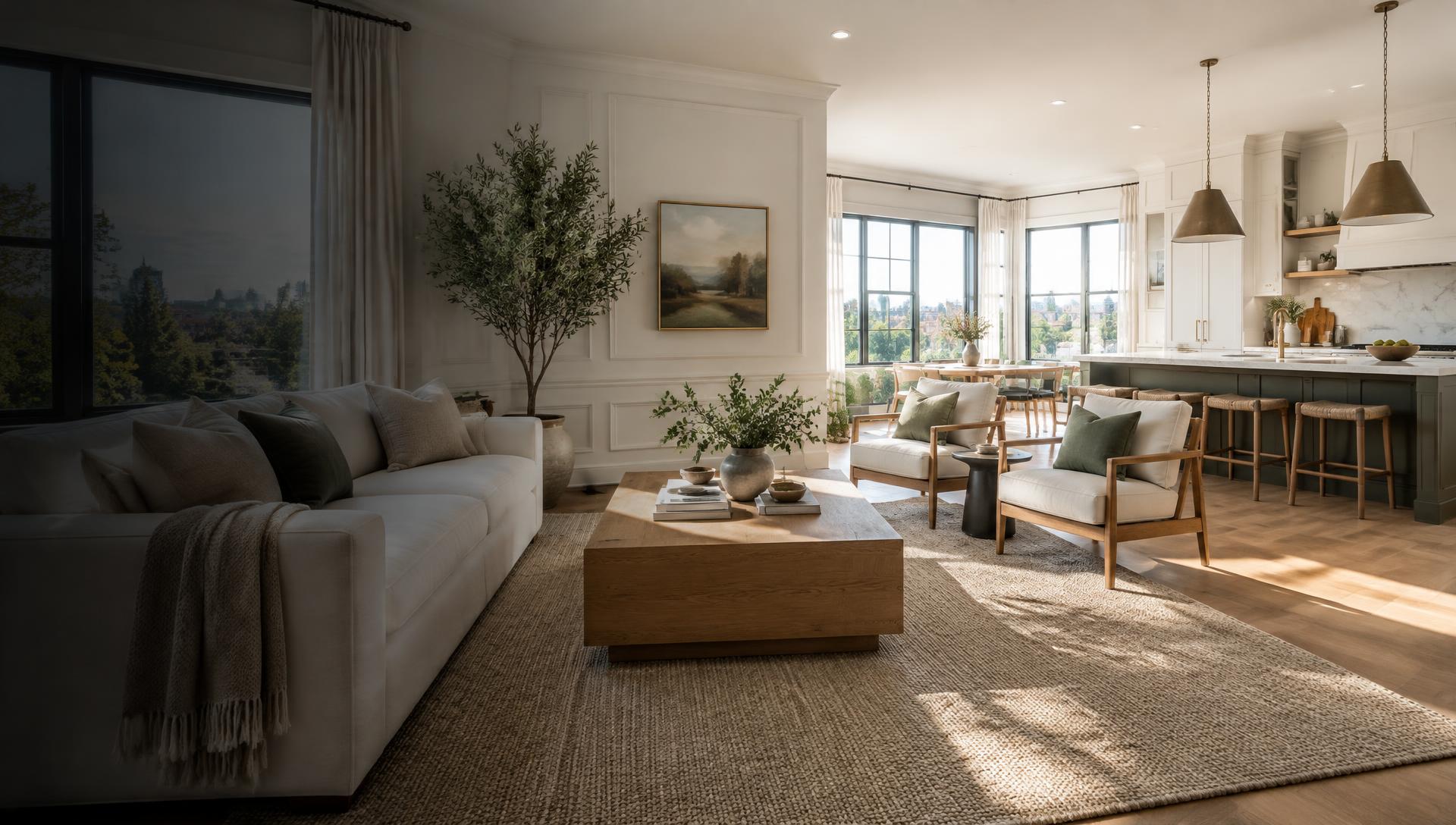 Beautifully clean, sunlit living room and open kitchen