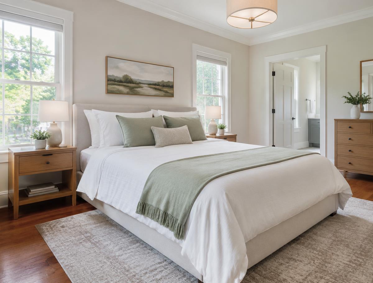 Fresh white linens in a welcoming rental bedroom